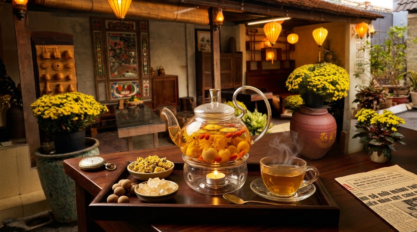 Trà cúc long nhãn kỷ tử ấm nến và trà sen bách diệp Mộc Café